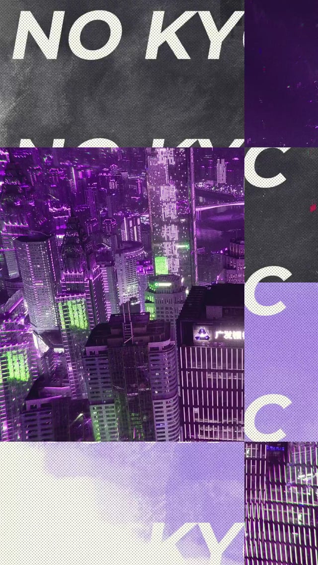 The image features a collage of cityscapes, with buildings of various sizes and colors, including purple and green tones. The text "No KYC" is prominently displayed at the top left corner of the image. Below this, there are three suggestions for tasks that can be done using PIVX software: "Focus on what is in the image", "Introducing PIVX Tasks", and "Focus on what is in the image".