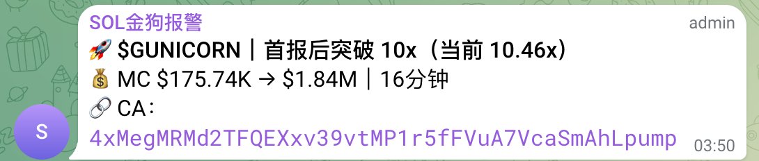 A chat alert from "SOL金狗报警" announces $GUNICORN breaking 10x (currently 10.46x) with market cap surging from $175.74K to $1.84M in 16 minutes, sharing the contract address "4xMegMRMd2TFQEXxv39vtMP1r5fFVuA7VcaSmAhLpump" at 03:50—corresponding to the post about the actual Python WSGI Gunicorn maintainer launching a legitimate token on Pump.fun.