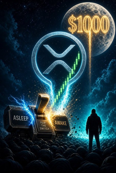 A silhouetted figure stands before a glowing XRP logo and a large switch labeled "ASLEEP / FLIP THE SWITCH / AWAKE," set against a moonlit sky displaying "$1000" and a rising green candlestick chart—visually representing the post's message about waking up in time for XRP's imagined surge to $1,000.