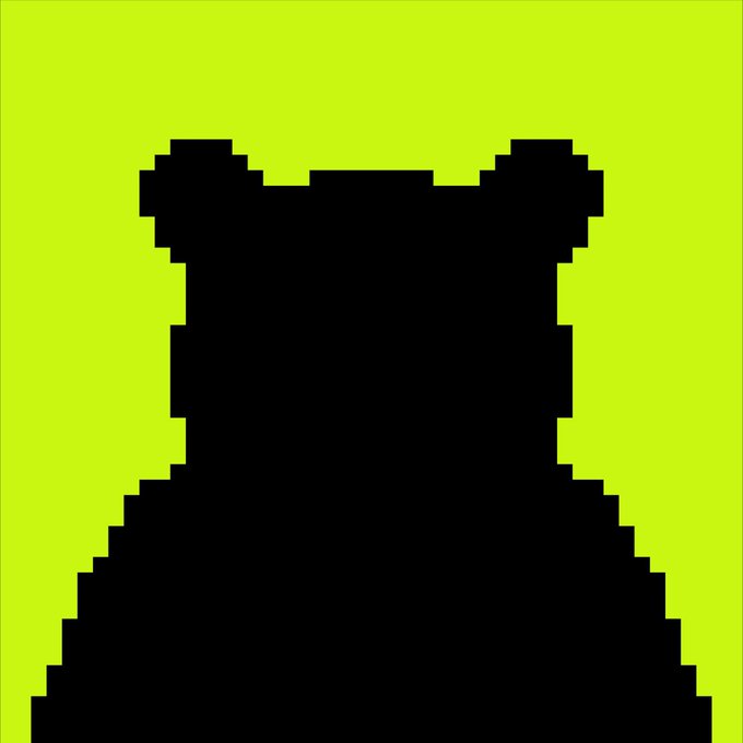A high-contrast pixel art image showing a black silhouette of a figure with two rounded ears (resembling a bear or mouse) against a bright lime-green background.