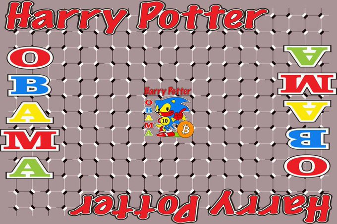 A graphic featuring Sonic the Hedgehog holding a Bitcoin coin with the letters OBAMA and TRUMP arranged vertically on either side, with 'Harry Potter' written across the top and bottom.