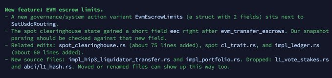 A code snippet displayed on a dark terminal describes a new governance feature called 'EVM escrow limits,' detailing structural additions and file modifications related to spot clearinghouse logic.