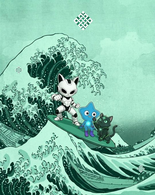 An illustration parodying 'The Great Wave off Kanagawa' showing cartoon characters riding a surfboard on a large green wave, with a logo at the top.