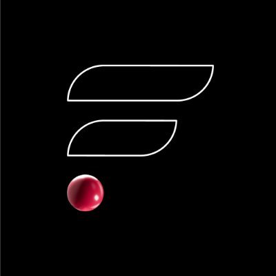 A minimalist logo features two stacked white outlined shapes resembling wings above a glossy red sphere, set against a solid black background.