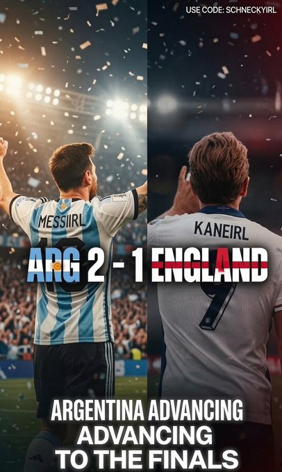The image is a split-screen graphic showing a celebrating Argentine player wearing a "MESSIIRL" jersey alongside a dejected English player labeled "KANEIRL," with the score "ARG 2 - 1 ENGLAND" and the caption "ARGENTINA ADVANCING TO THE FINALS" displayed prominently. It visually promotes the post's announcement of Argentina's victory, tying into the World Cup Finals theme while prompting viewers to share usernames for betting funds.