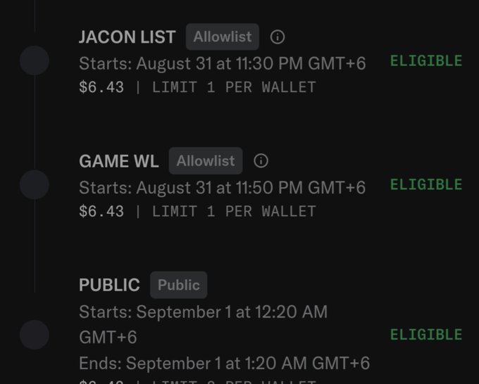 A screenshot showing NFT mint schedule listings for 'JACON LIST' and 'GAME WL' (both Allowlist, $6.43) and 'PUBLIC', all marked as 'ELIGIBLE' with start times in late August/early September.