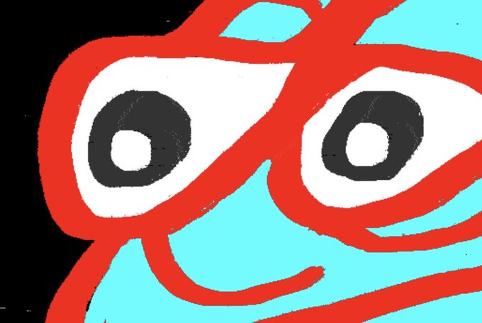 A close-up illustration of a blue character with wide eyes outlined in thick red lines against a black background.
