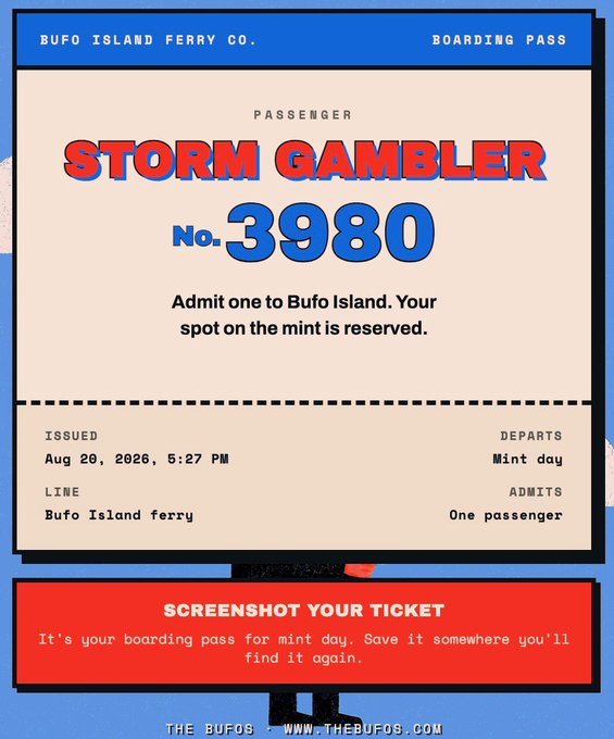 A boarding pass for 'BUFO ISLAND FERRY CO.' issued to passenger 'STORM GAMBLER' No. 3980, dated Aug 20, 2026, with instructions to 'SCREENSHOT YOUR TICKET'.