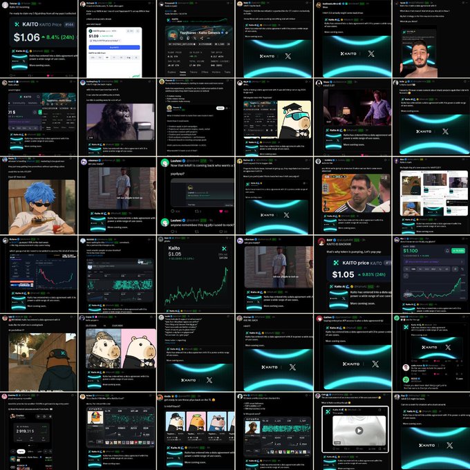 A collage of multiple Twitter/X screenshots featuring the KAITO token, price charts, memes, and various promotional posts from the crypto community.