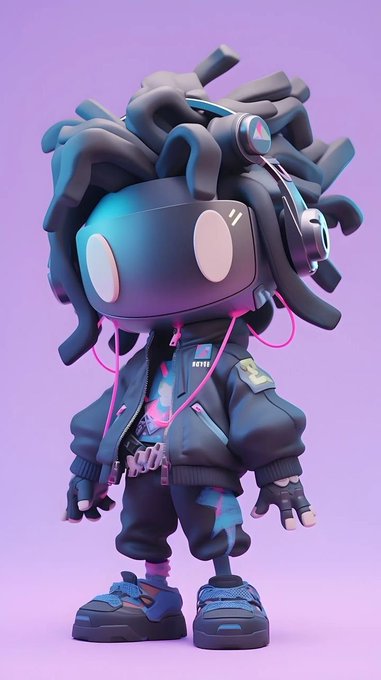 A 3D-rendered character with a TV-shaped head, large white eyes, dreadlocks, and headphones stands wearing a dark jacket, gloves, and sneakers with pink earbuds trailing down.