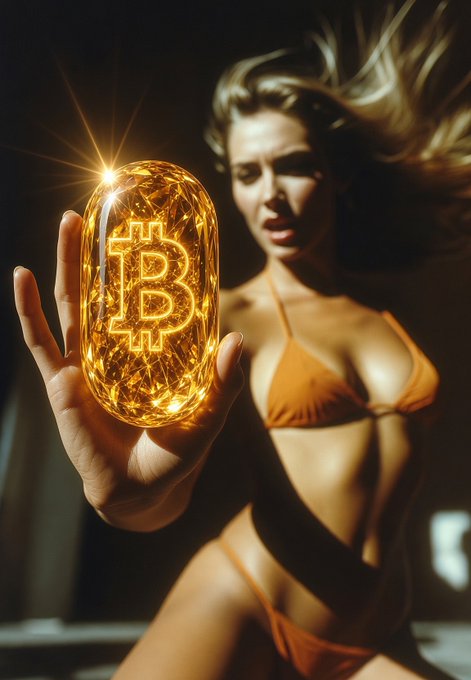 A woman in an orange bikini holds up a glowing orange pill emblazoned with the Bitcoin "₿" symbol, visually echoing the post's "Take the pill #bitcoin" reference to The Matrix's red pill metaphor as a gateway to crypto. The Bitcoin symbol on the pill directly ties the image's striking sci-fi aesthetic to the caption's call to embrace Bitcoin.
