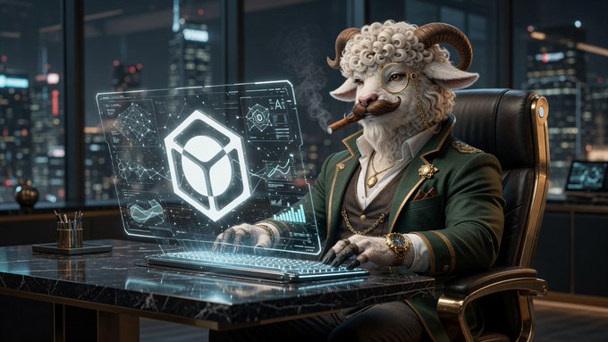 A dapper anthropomorphic ram with curly white wool, horns, and a mustache, wearing a green suit and smoking a cigar while working at a glowing holographic laptop displaying cryptocurrency data, set against a nighttime city skyline.