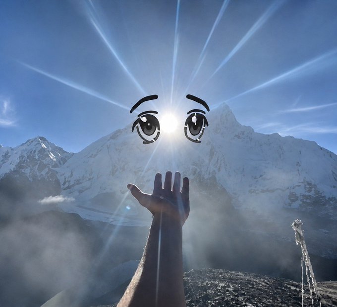 A hand reaches toward a bright sun over a snowy mountain, with anime eyes drawn into the sky to reference the "Milady" meme, symbolizing an experience or feeling that only true fans can comprehend.