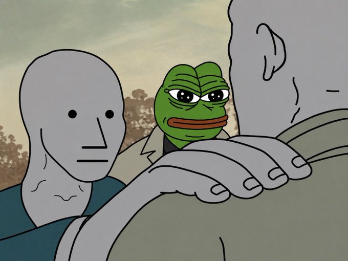 The image features a cartoon character, possibly a man or a woman, with a green frog as its companion. They are standing next to each other, with the frog appearing larger due to perspective. The background of the image shows trees, suggesting that they might be in an outdoor setting. The caption provided after the image reads: "$NPC will be bigger than $PEPE". This means that the character depicted in the cartoon is significantly larger than the green frog it's holding onto.

The caption implies a humorous or whimsical aspect to the scene, as the size difference between the character and the frog creates an amusing visual effect. The image could potentially be part of a series or a collection of related images that share similar themes or humor.