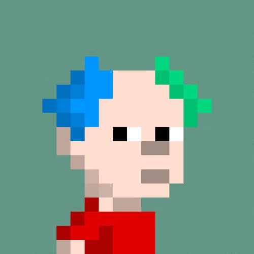 A pixel art portrait of a bald man with tufts of blue and green hair, wearing a red shirt against a teal background.