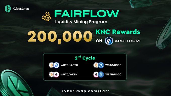 The image shows a promotional poster for an online auction site called "Arbitrum" that offers a rewards program for cryptocurrency mining. The poster features a dark background with green text, announcing the launch of the Fair Flow Liquidity Mining Program. It highlights the benefits of participating in this program and announces the availability of KNC rewards on the second cycle. The poster also mentions that there are two cycles available, each offering a higher reward than the previous one.