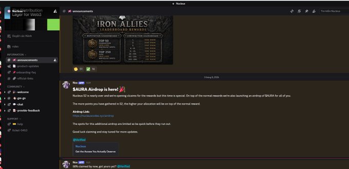 A Discord screenshot showing the Nucoin Discord server with a channel post titled '$AURA Airdrop Is Here!' mentioning limited spots for an airdrop and an airdrop link.