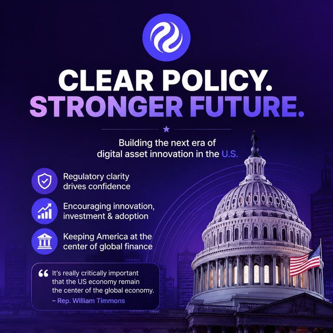 A promotional graphic titled 'CLEAR POLICY. STRONGER FUTURE.' advocating for digital asset innovation in the U.S., featuring an image of the U.S. Capitol and a quote from Rep. William Timmons about the U.S. economy remaining the center of the global economy.
