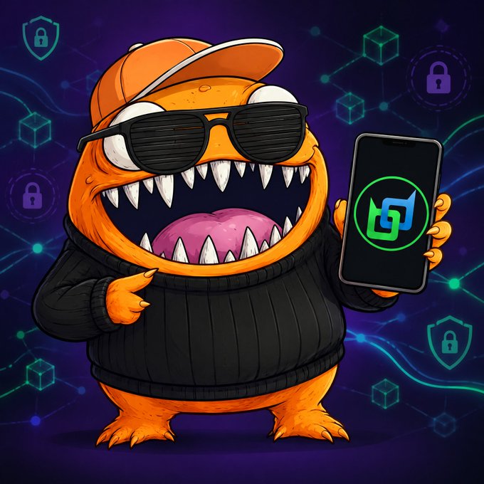 Cartoon illustration of an orange monster wearing sunglasses and a black hoodie, holding a smartphone displaying a green/blue logo, set against a purple tech-themed background with lock and cube icons.