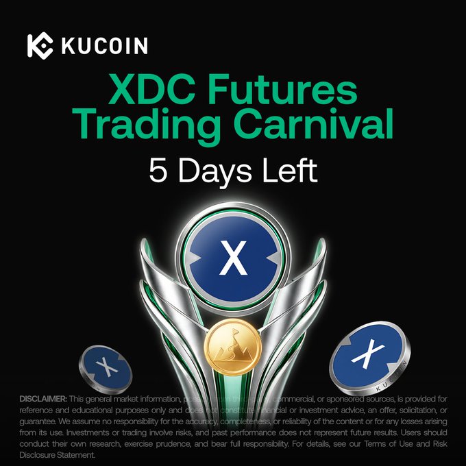 KuCoin promotional graphic for the "XDC Futures Trading Carnival" with "5 Days Left" displayed prominently, featuring a trophy adorned with XDC coin logos against a black background, aligning with the post announcing a 500,000 XDC prize pool lucky draw competition.