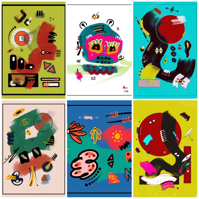 A collection of six abstract art posters in vibrant colors (green, white, turquoise, pink, blue, yellow) featuring bold shapes, faces, and patterns.