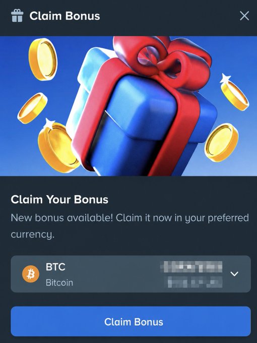 The image shows a "Claim Bonus" popup on Stake featuring a gift box illustration, offering a new bonus in BTC (Bitcoin) with a blurred amount and a blue "Claim Bonus" button at the bottom. This relates to the post as it displays the upcoming Stake Weekly bonus that drops in a few hours, with users speculating about its size.