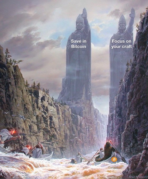 The image is a meme based on a fantasy painting by Don Massett depicting tiny figures navigating turbulent waters between towering statues labeled "Save in Bitcoin" and "Focus on your craft," illustrating the post's message about blocking out distractions by committing to Bitcoin and honing one's skills.