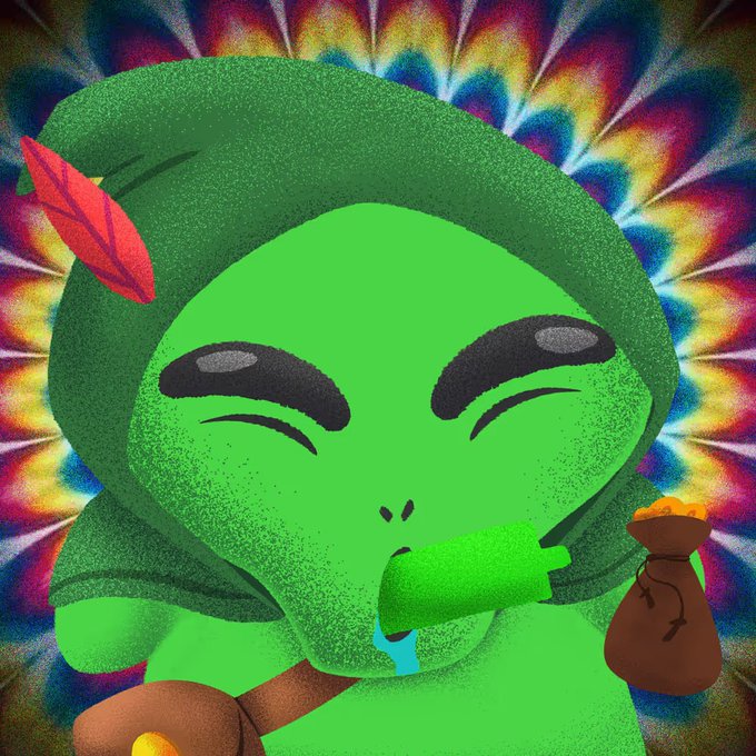 A green-skinned, pointy-eared cartoon character wearing a green hat with a red leaf, smoking a pipe with a brown pouch, against a psychedelic tie-dye background.
