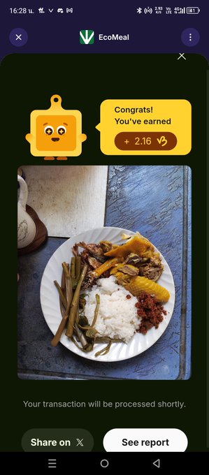 A mobile app screenshot shows the "EcoMeal" app with a pop-up message from a yellow robot character saying, "Congrats! You've earned + 2.16", placed above a photo of a plate containing rice, green beans, corn, and meat.