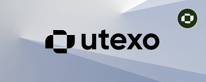 The image features the "utexo" logo in bold black text alongside its icon, set against a light architectural background, with a small circular emblem in the top right corner. This branding visual accompanies the announcement that UTEXO is building an execution and settlement layer bringing USDT to Bitcoin, addressing issues like slow speeds, lack of privacy, and unpredictable fees.