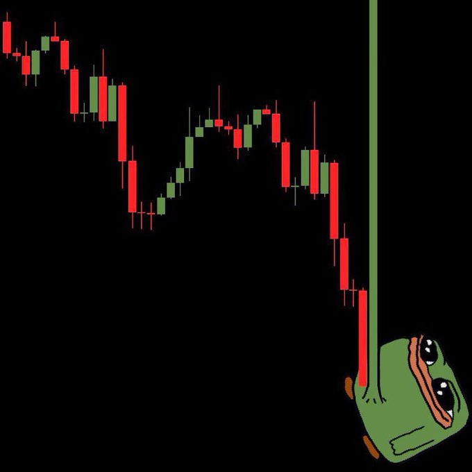 Memecoin chart meme featuring a downward price trend with a dramatic green spike upward, with a sad Pepe the Frog character in the bottom right corner.