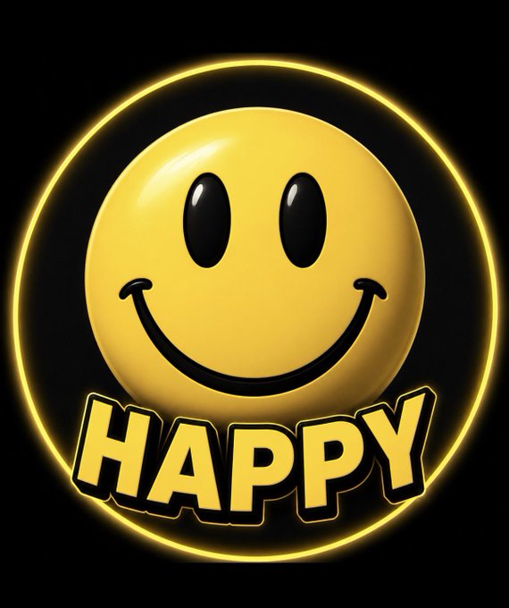 A glowing yellow smiley face encircled by a neon yellow ring appears on a black background, with the bold word "HAPPY" displayed below in matching yellow lettering. The cheerful, meme-style graphic visually reinforces the post's promotional message for the $HAPPY token, embodying the upbeat sentiment of choosing positivity over sadness.