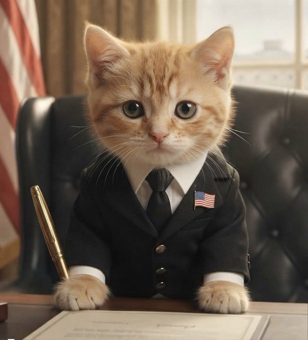 An orange tabby kitten dressed in a formal black suit with an American flag pin, sitting at a desk with a gold pen in front of an American flag and leather chair.