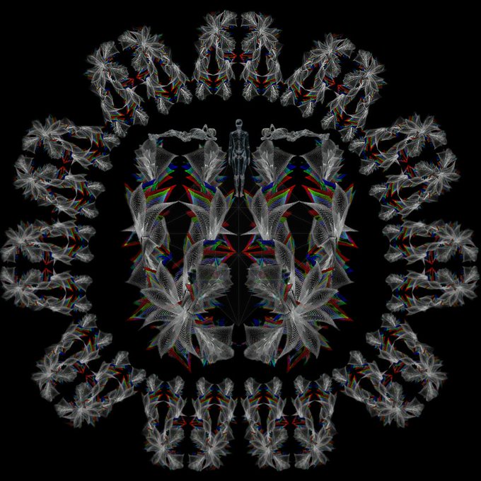 A symmetrical, kaleidoscopic digital artwork on a black background, featuring repeating white floral or snowflake-like patterns with touches of red, green, and blue, centered around a human silhouette.
