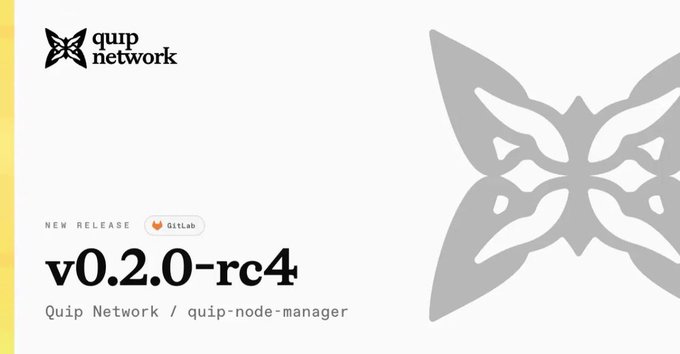 The image features a white banner with a gray butterfly graphic at the top that says "quip network" followed by "v 0.2 0-rc4". Below this, there's text that reads "New release v 0.2 0-rc4", which indicates that a new version of Quip Network is available for download. The image also includes a quote from another post about the importance of Quip Network in terms of operations and risk management.