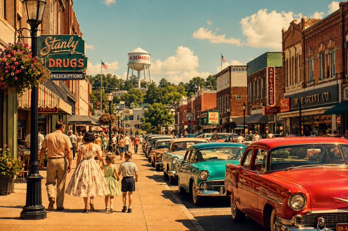 A vibrant vintage-style illustration of a bustling 1950s main street scene featuring classic cars, pedestrians in period clothing, retro storefronts like 'Stark Drugs', and a water tower in the background.