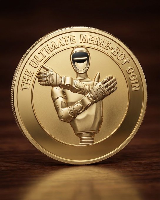 A gold-colored commemorative coin features a robotic figure with crossed arms, surrounded by the engraved text 'THE ULTIMATE MEME-BOT COIN'.