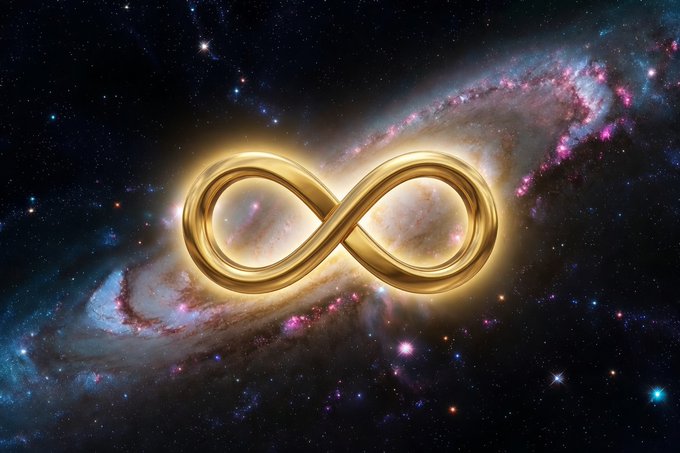 The image features a golden infinity symbol surrounded by stars against a dark background, which could represent the vastness of space or the endless nature of time. The caption above the image provides information about a new monetary model called "Time," where token supply decays in direct synchronization with physical time and is executed once per second through an autonomous burn contract.

The golden infinity symbol represents the concept of infinity, which is often associated with the idea that there are no limits or boundaries to something. The stars surrounding it further emphasize this notion by showcasing the vastness of space. The combination of these elements creates a visually striking and thought-provoking representation of the relationship between time, infinity, and the monetary system.