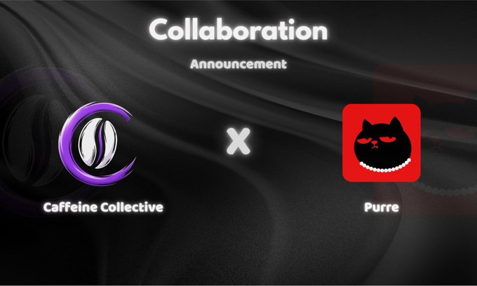 A collaboration announcement graphic featuring the purple Caffeine Collective logo and the red Purre cat logo on a black satin background.