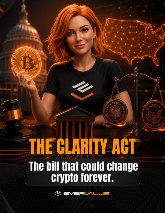 The image is a promotional graphic from EverValue featuring a red-haired woman holding a glowing Bitcoin token, with the US Capitol building, an illuminated map of the United States, a gavel, scales of justice, and CFTC and SEC emblems in the background. Bold orange text reads "THE CLARITY ACT — The bill that could change crypto forever," reinforcing the post's message about the legislation bringing regulatory clarity to digital assets and clarifying oversight between the CFTC and SEC.