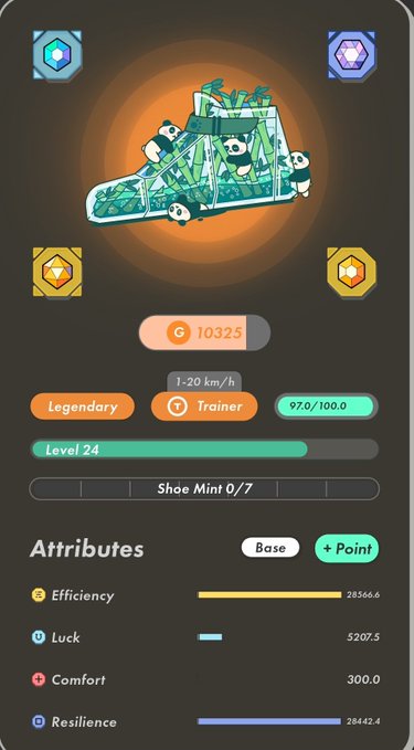The image shows an iPhone screen displaying a game app with a green background featuring a cartoon character wearing a pair of shoes. The app has a rating system that includes "legendary", "lucky", "efficient", "comfortable", "resilience", and "confidence". The user's attributes are listed, including "shoe mint 0 7" and "base + point".