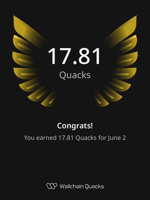 The image shows a gold-colored trophy with text that congratulates someone for earning 17.81 Quacks per day, likely indicating they have completed 17.8 days of earning those Quacks at their current pace. The trophy has two wings extending from its center and is situated against a black background.