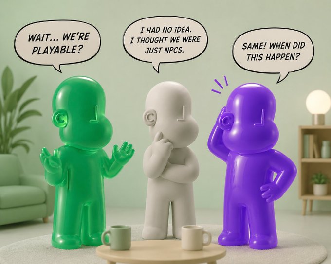 A 3D illustration of three glossy figures (green, white, and purple) in a living room discussing whether they're playable characters or just NPCs, with speech bubbles reading 'Wait... we're playable?', 'I had no idea. I thought we were just NPCs.', and 'Same! When did this happen?'