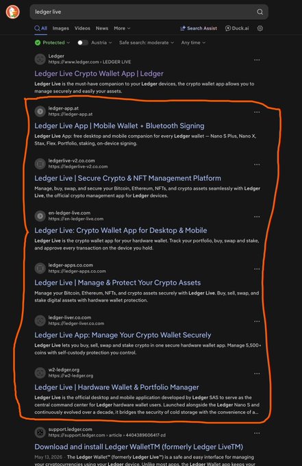 A dark-mode DuckDuckGo search results page for 'ledger live' with a hand-drawn orange box highlighting multiple sponsored/unofficial scam sites (ledger-app.art, ledgerlive-v2.co.com, en-ledger-live.com, ledger-apps.co.com, ledger-live.co.com, w2-ledger.org) all impersonating the legitimate Ledger crypto wallet application, while the official ledger.com result at top remains unhighlighted.