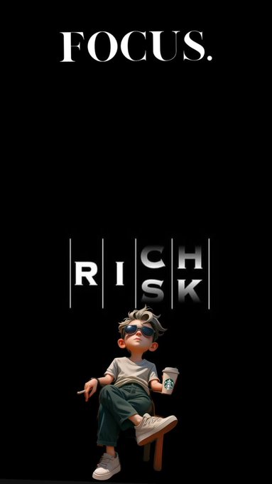 Motivational graphic with the word 'FOCUS.' at the top and 'RICH RISK' stylized in the middle, above a 3D-rendered cartoon character wearing sunglasses and holding a coffee cup.