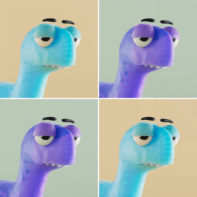 A four-panel grid showing a 3D-rendered cartoon dinosaur character with droopy eyes in alternating blue and purple color schemes.