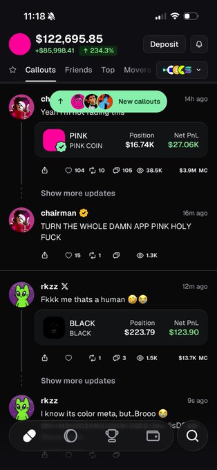 Mobile screenshot of a crypto trading app showing a portfolio value of '$122,695.85' (+234.3%) with posts about 'PINK COIN' and 'BLACK COIN' memes.