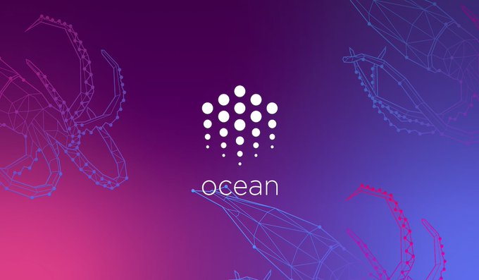A logo for 'ocean' featuring a circular pattern of white dots displayed on a purple and pink gradient background with wireframe designs of crabs.