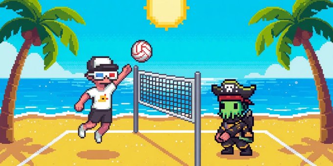 A pixel art beach scene shows a boy in goggles leaping to spike a volleyball over a net toward a pirate-hat-wearing cactus character, fitting a fun "GM" (good morning) vibe.