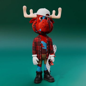 A red, furry, moose-like art toy figure wearing a white cap, red plaid shirt, and work boots, holding a small object against a teal background.